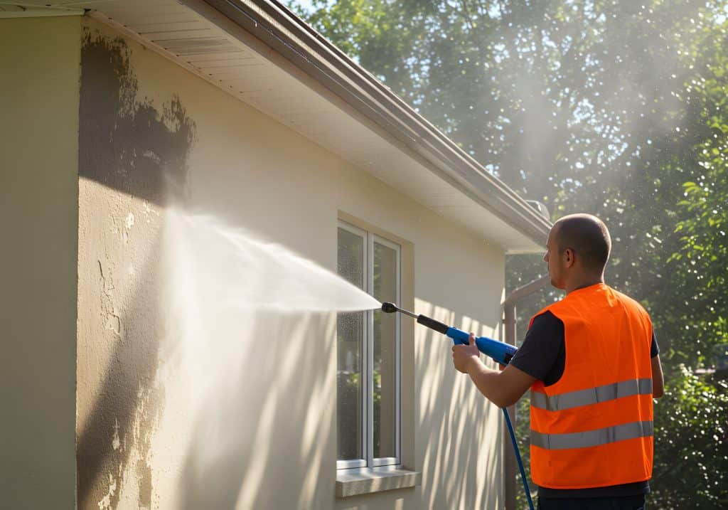 Painter preparing a coastal Cape Town exterior wall before painting