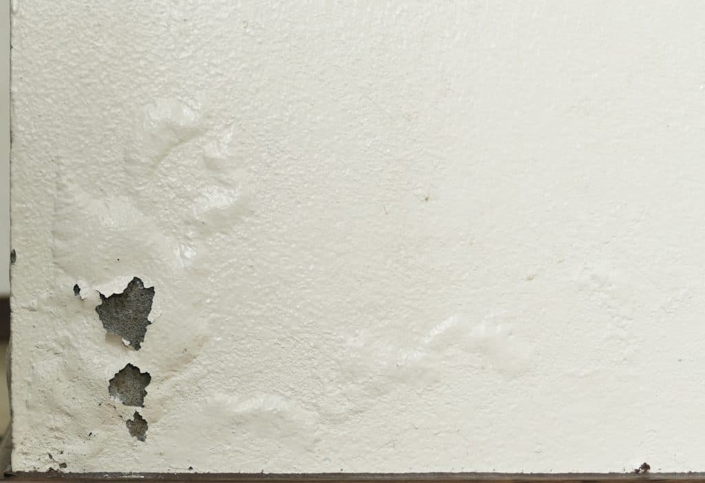 Bubbling paint and white salt deposits on a damp wall in Hermanus